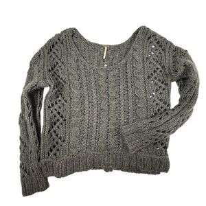 Free People Maribel Mohair Blend Chunky Eyelet Cable Knit Sweater Medium Gray